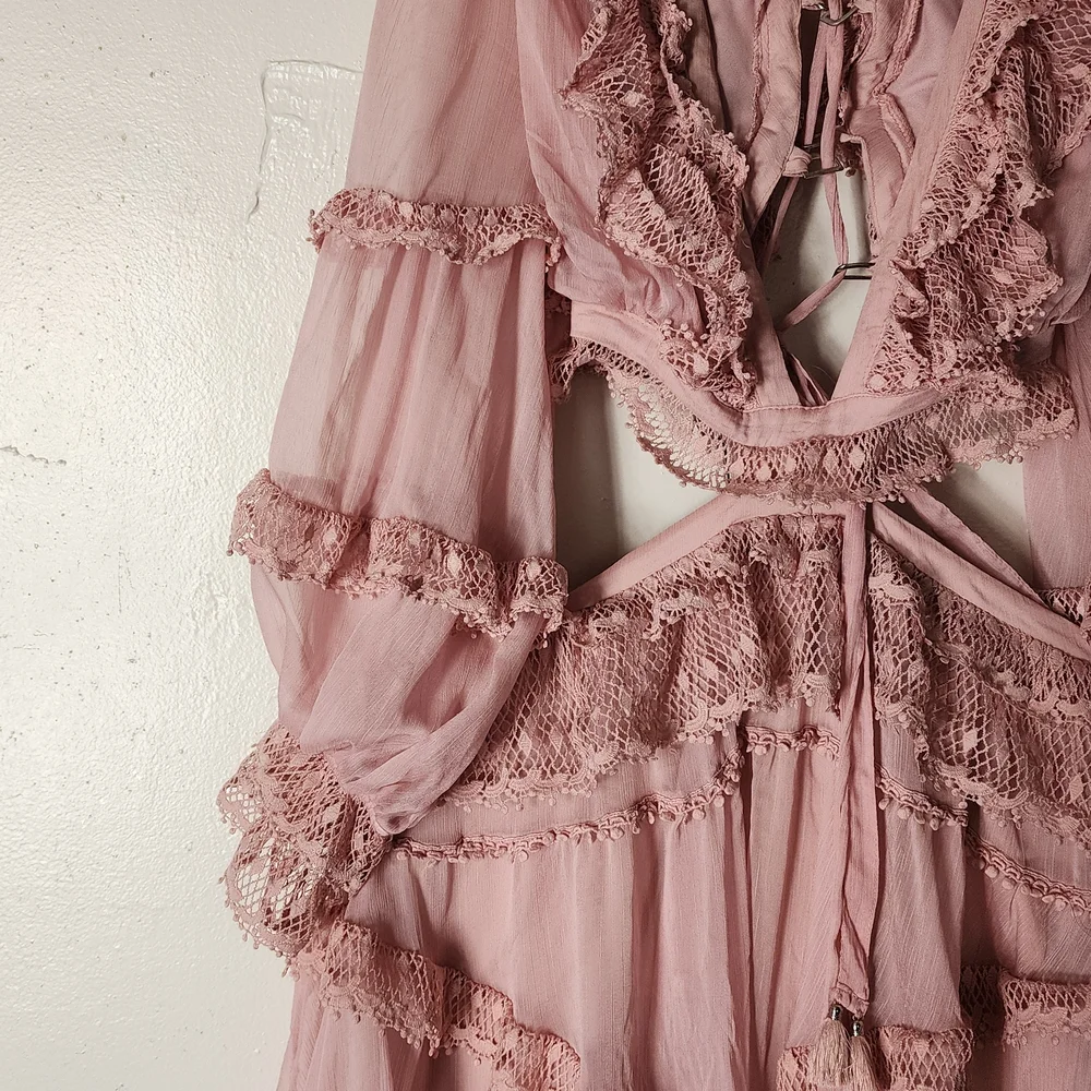 Women’s Pink Lace-Trim Midi Dress - Picture 3 of 7